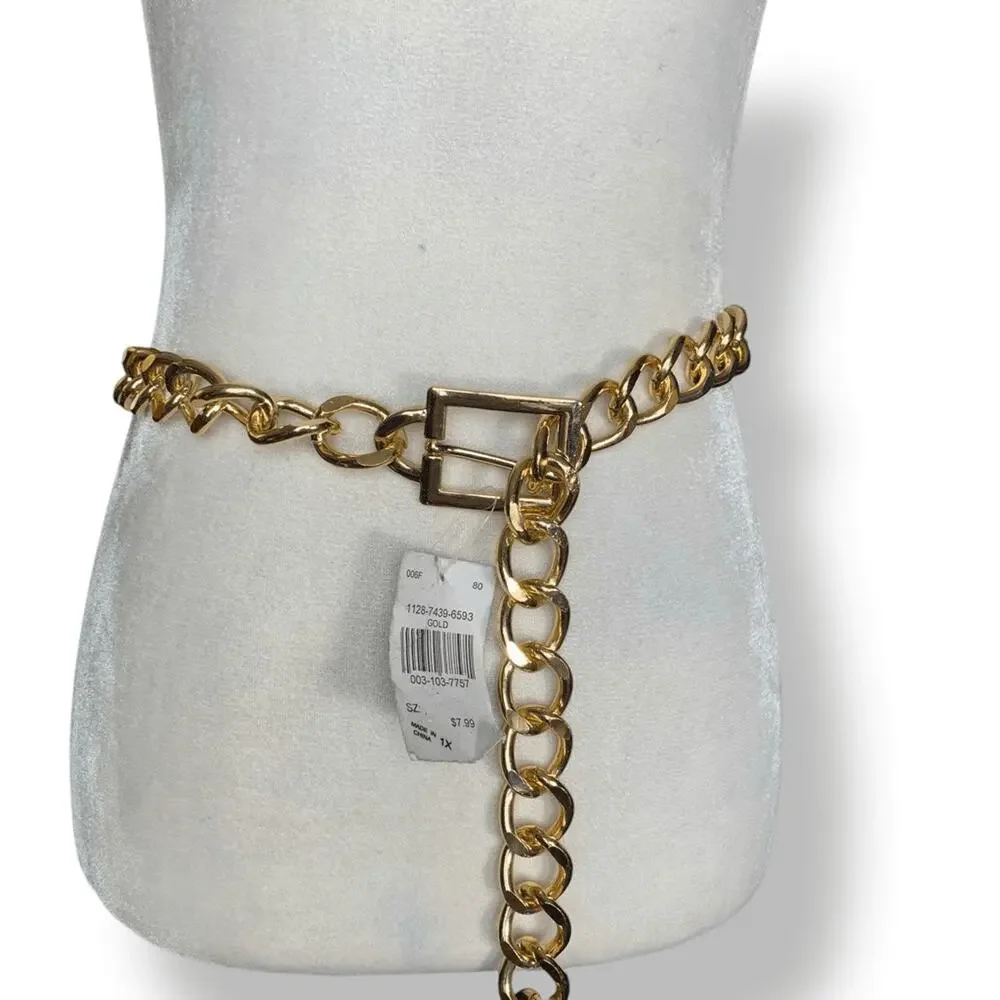 Deadstock Vintage Y2K Gold Tone Chunky Chain Belt Adjustable Statement‎ Buckle